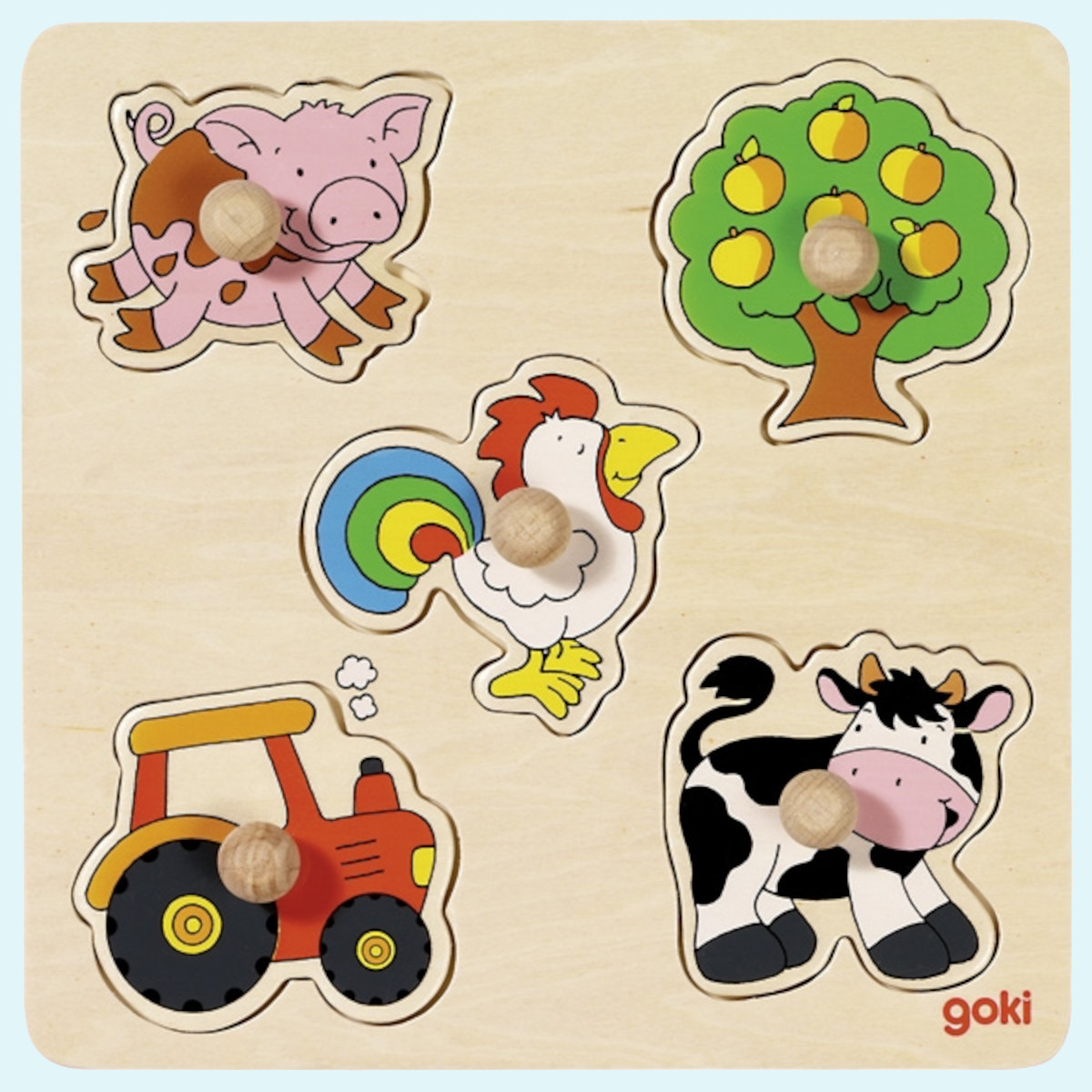 Kleines Steckpuzzle aus Holz für Kinder von Goki - Bauernhof Motiv 5 Teile Kleines Steckpuzzle aus Holz von Goki für Kinder ab 1 Jahr - mit Bauernhof Motiv - 5 Teile