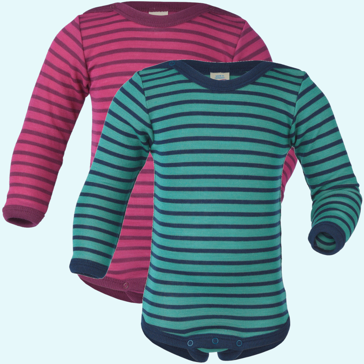 Muckeliger Engel langarm Baby Body Merinowolle Seide Engel langarm Baby Body geringelt aus kbT merino Schurwolle/Seide - Sommer & Winter ideal bei empfindlicher Haut GOTS