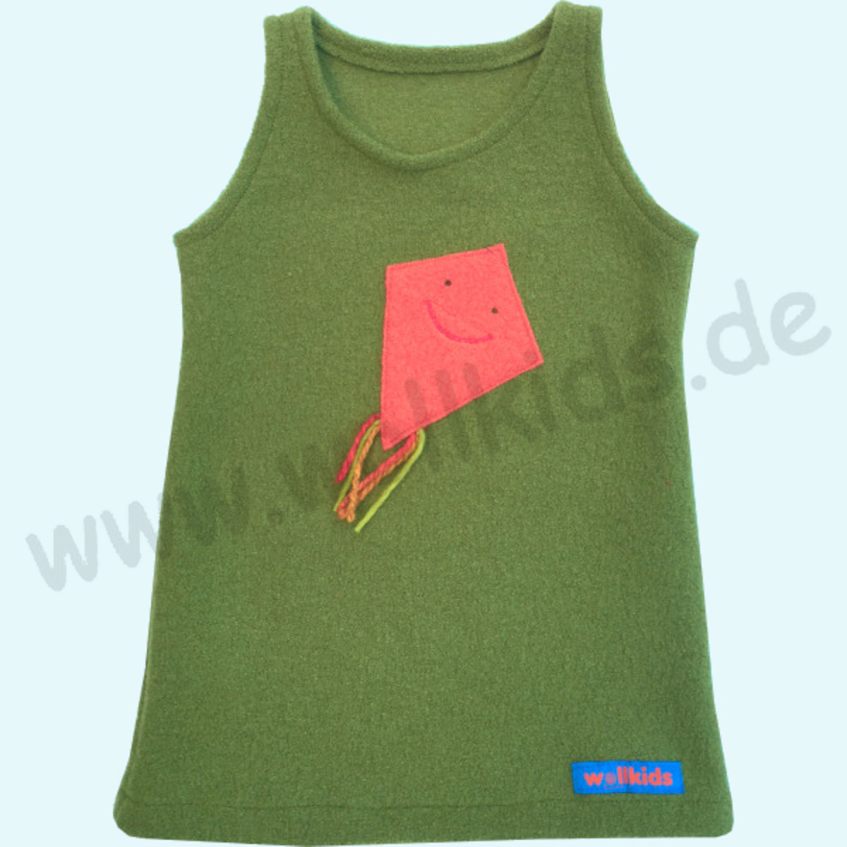 Wollkids Mädchen Wollwalk Kleid grün mit Applikation Drachensteigen Wollkids Baby & Kinder Walk Kleid ohne Ärmel aus 100% Wollwalk für Mädchen grün mit Applikation Drachensteigen