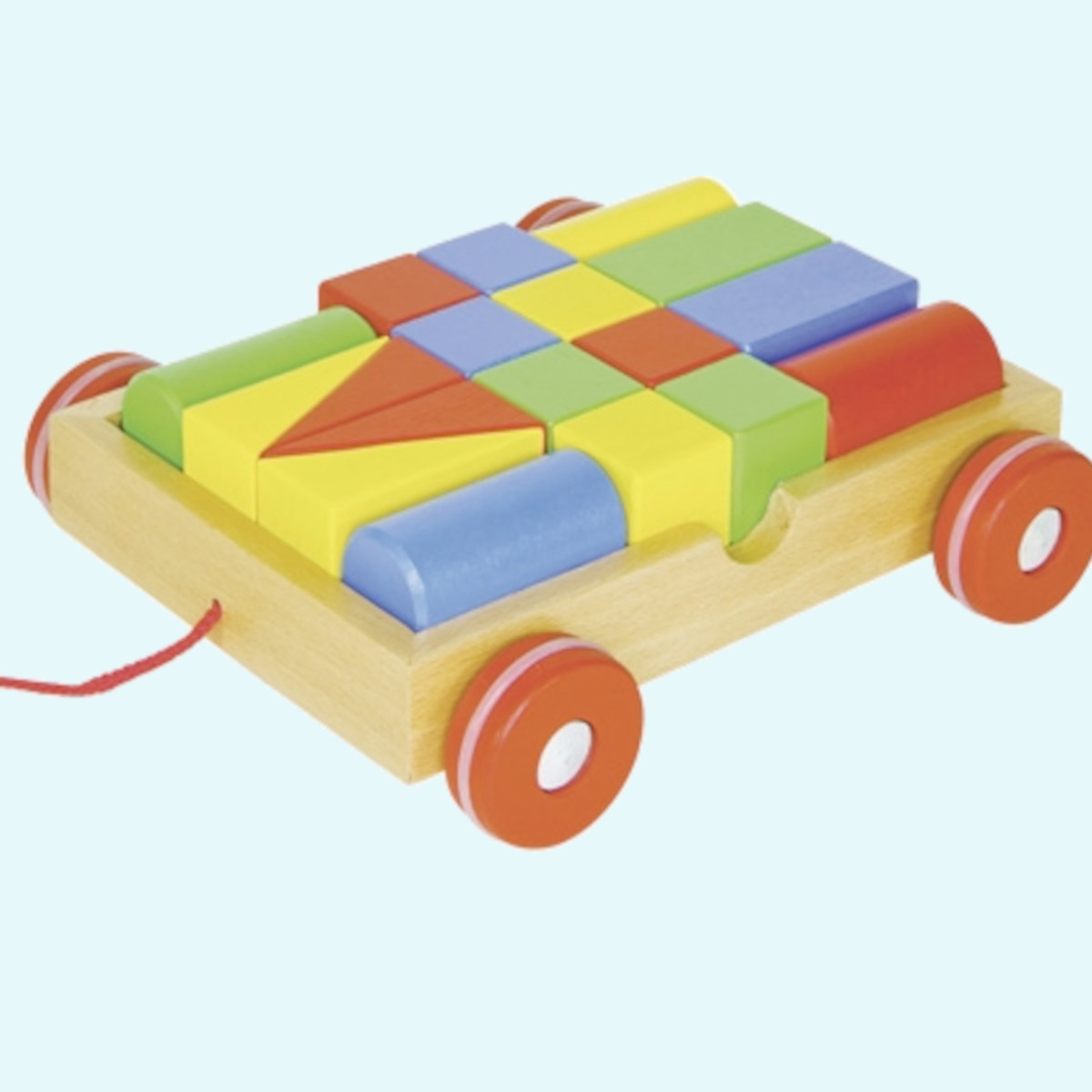 Großer Ziehwagen aus Holz für Kinder von Goki mit 18 bunten Bausteinen Großer Ziehwagen mit 18 bunten Bausteinen aus Holz von Goki für Kinder ab 1 Jahr