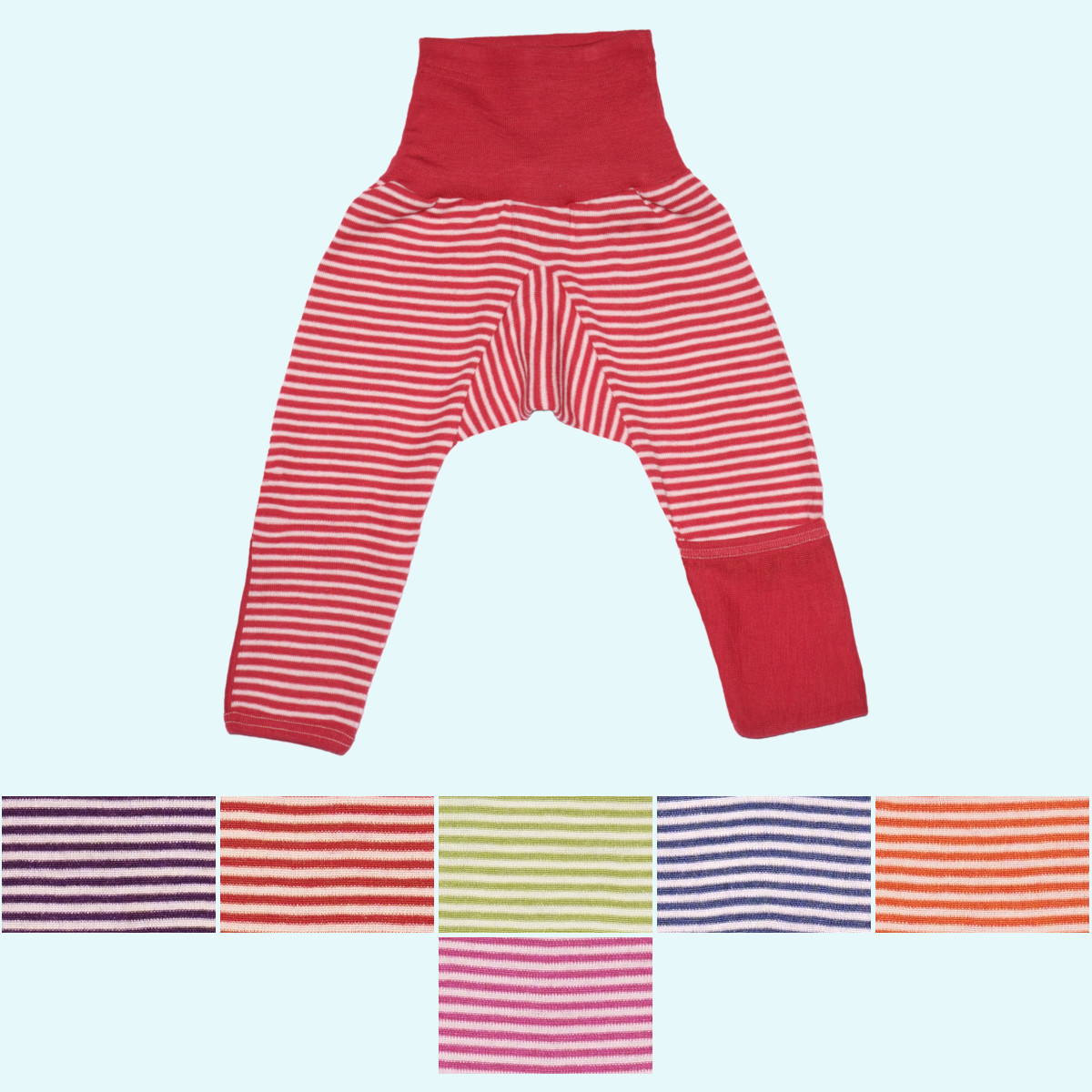 Baby Hose mit Nabelbund & Beinumschlag Wolle Seide farbig geringelt GOTS