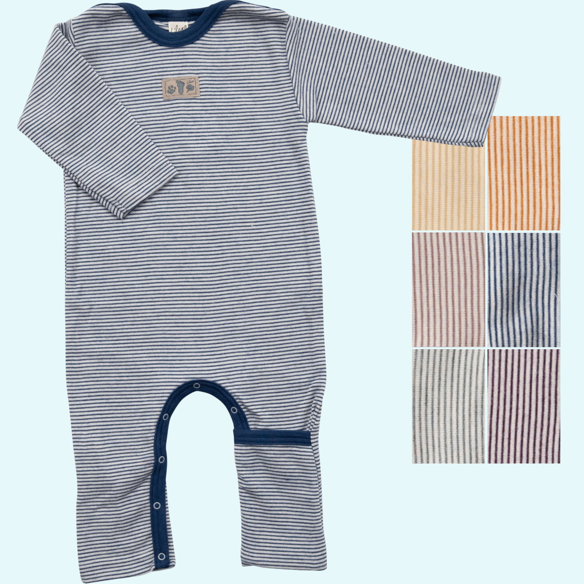 Indoor Overall aus Wolle Seide von Lilano Baby Overall Anzug mit Umschlagbündchen Wolle Seide langarm farbig geringelt GOTS