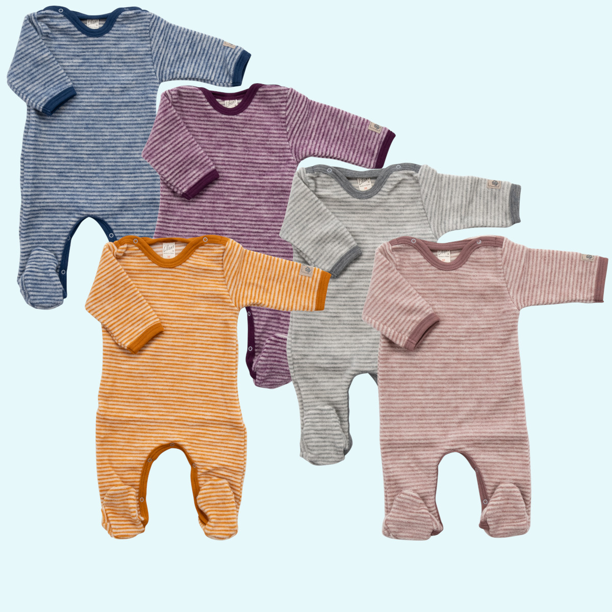 Baby Overall Wagenanzug mit Fuß Wollfrottee Plüsch langarm farbig geringelt GOTS